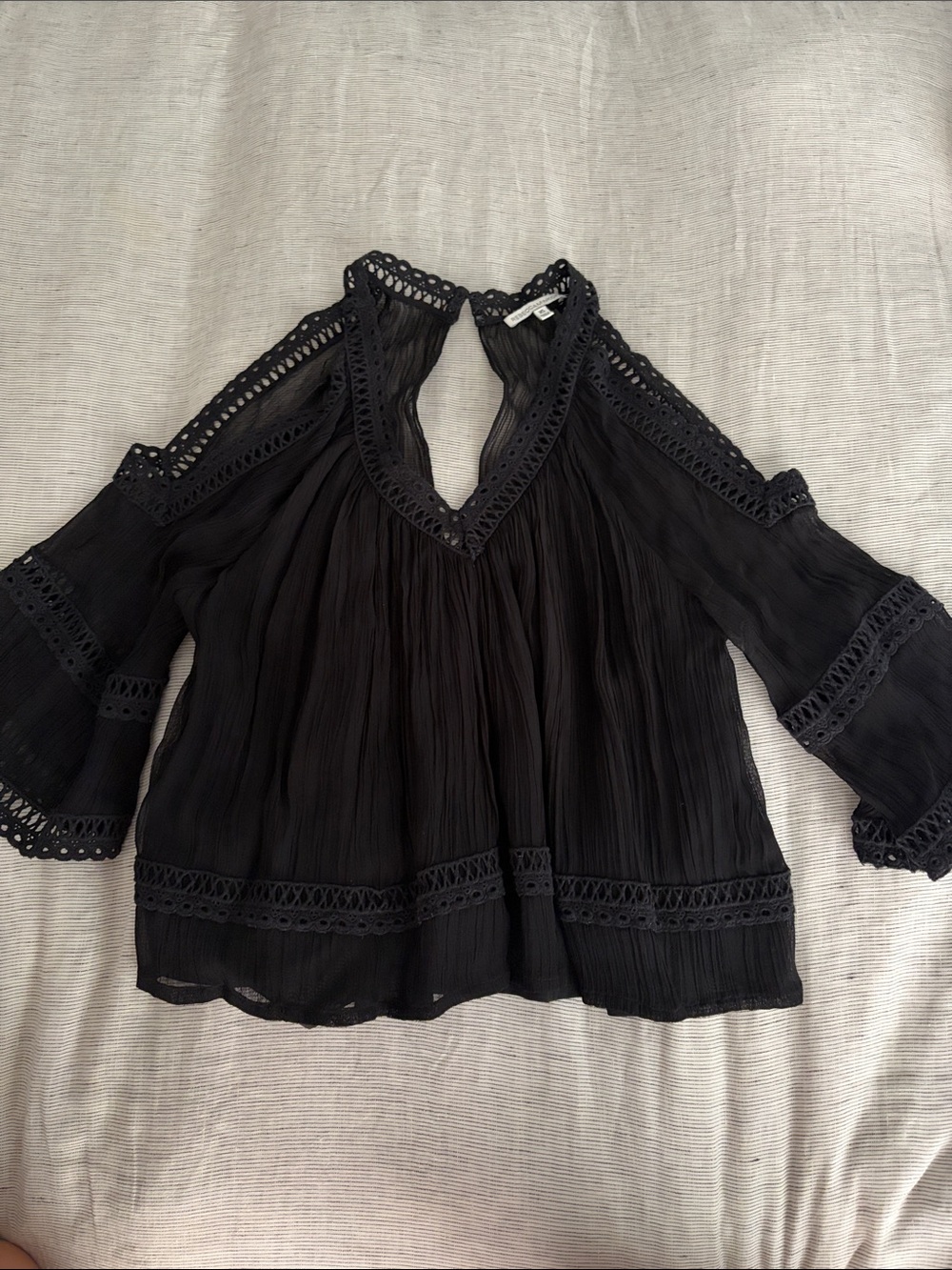 Black Cold-Shoulder Crochet Trim Blouse - Women